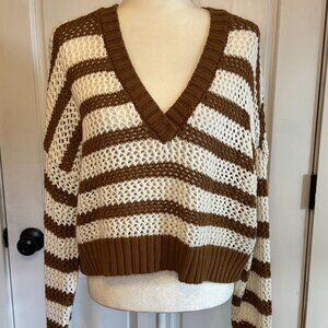 aerie offline | cream and camel stripe open knit sweater | size medium